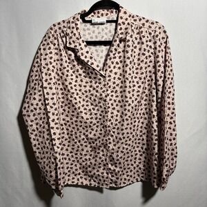 VTG Henri Joren Brown Apple Print Collared Top Polyester SEE Womens XXL Quirky‎
